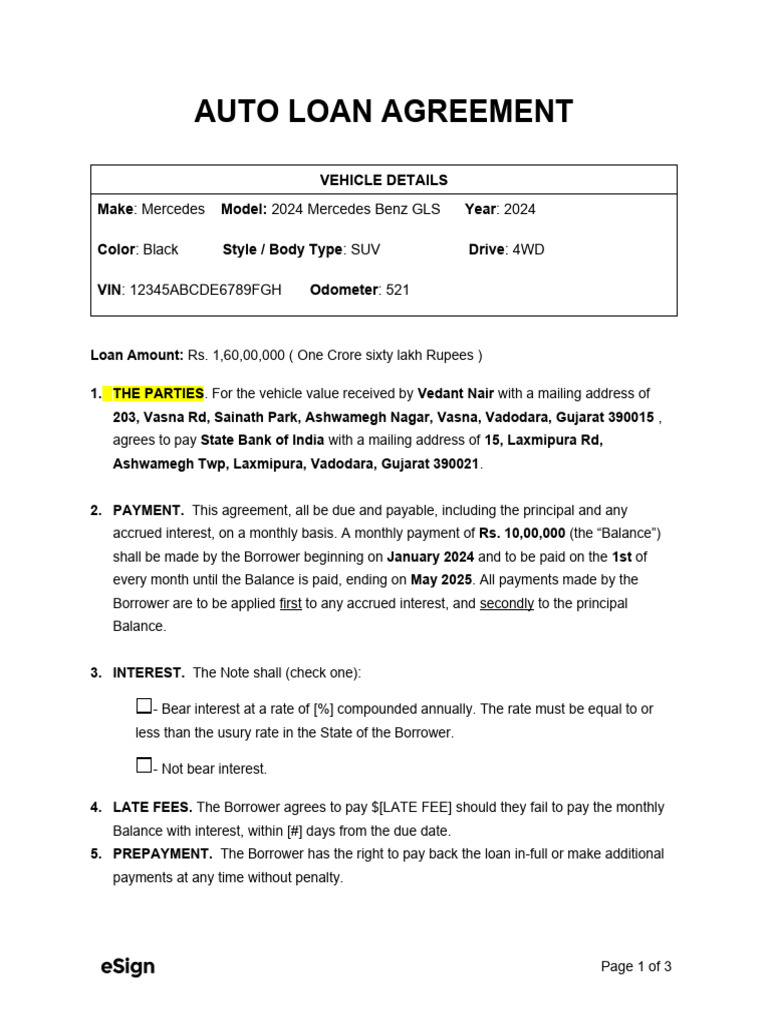 Signing a car loan agreement